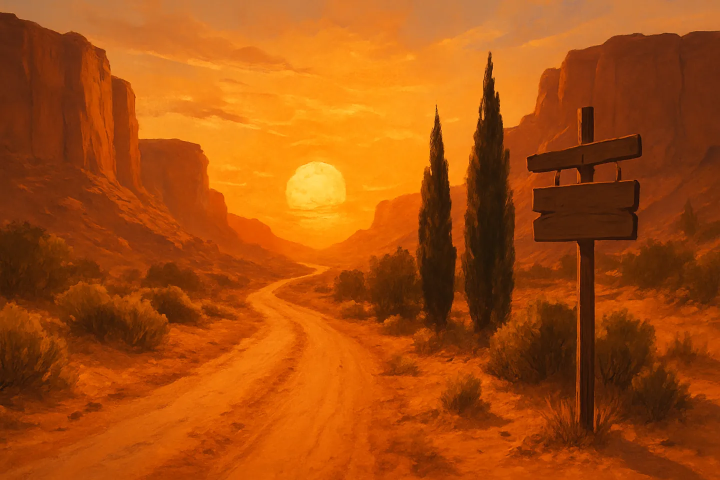 A dusty caravan road winding between red mesas towards a warm sunset
